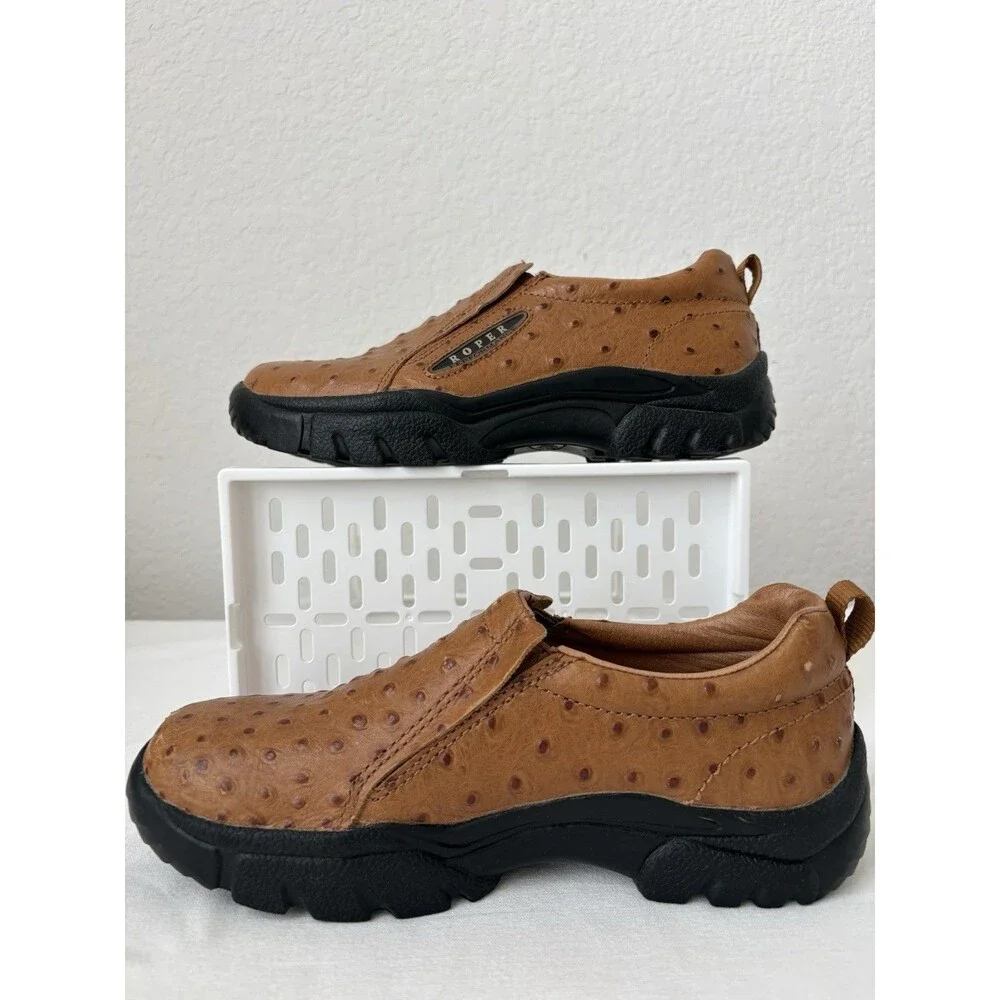 Roper Cotter Ostrich Print Slip-on Casual Shoes Men’s Size 7.5 Tan Rugged Charm